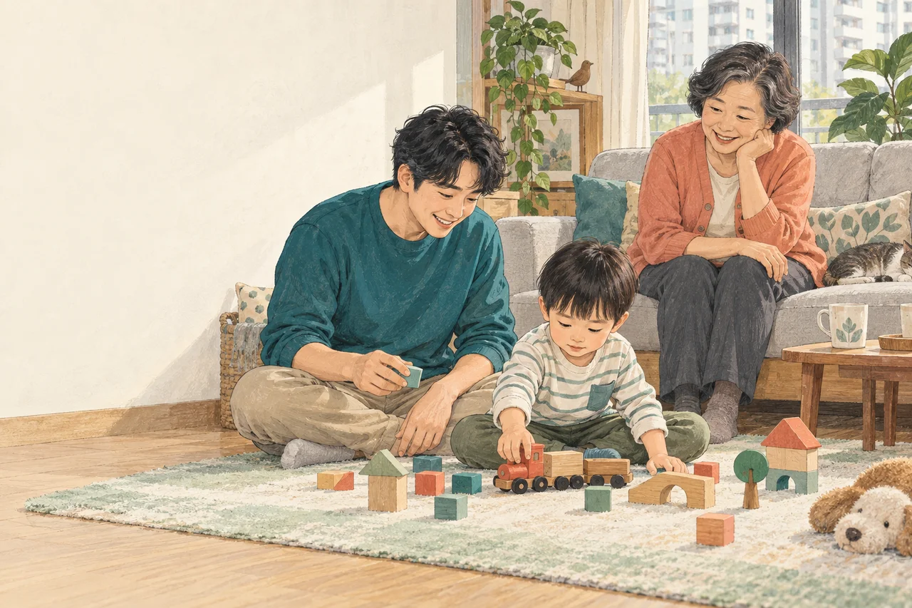 祖母、爸爸和孩子在家中玩積木，插畫